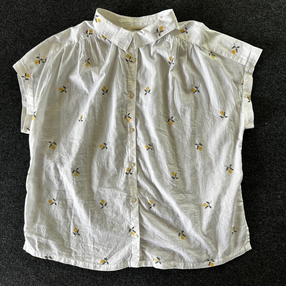 Lucky Brand Womens Large White Lemon Print Cotton Button Down Short Sleeve Shirt